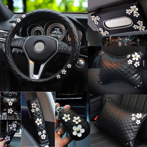 37-38cm Car Steering Wheel Cover Daisy Flower Auto Interior Decoration  Knitted Steering Wheel Cover Universal Car Accessories