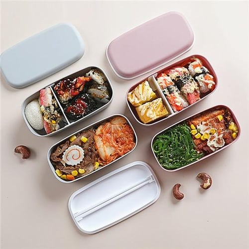 Cheap Bento Lunch Box 2-Compartment Double Layer with Sauce Container  Reusable Spork Leak-proof Beto Box Home Supply