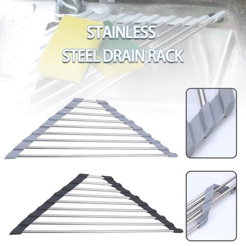 2 Pack Triangle Dish Drying Rack for Sink Corner Roll Up Dish Drying Rack  Folding Stainless Steel Multipurpose Over The Sink Corner Dish Drainer Mat