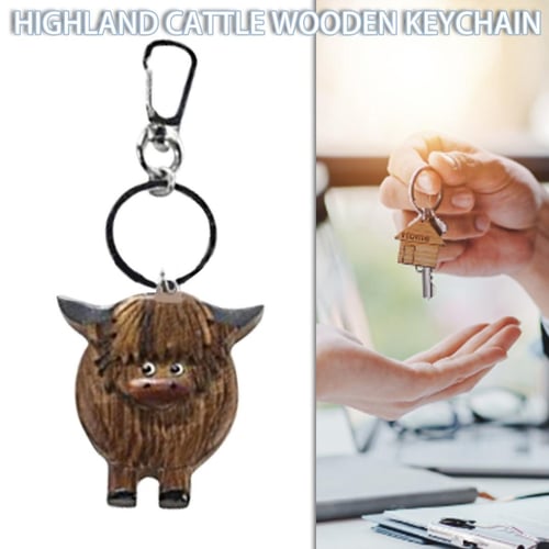 Novelty Cute Cow Keyring Wooden Highland Cattle Keychain Bag Charm Gift