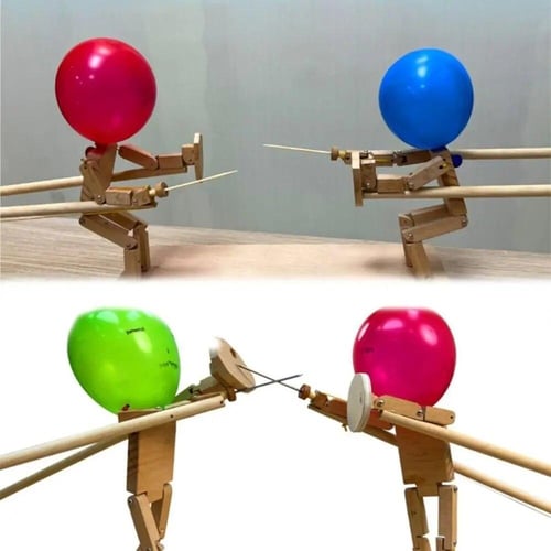 Wharick Handmade Wooden Fencing Puppets, Wooden Fighter with Balloon Head,  for Thrilling Balloon Fight Fun Innovative Poke Balloon Toy 