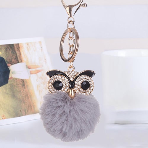 Cute Fluffy Owl Pompom Key Ring Holder Keychain Women Car Bag Pendant  Ornament