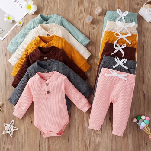 Ribbed Solid Footed Long-sleeve Baby Jumpsuit