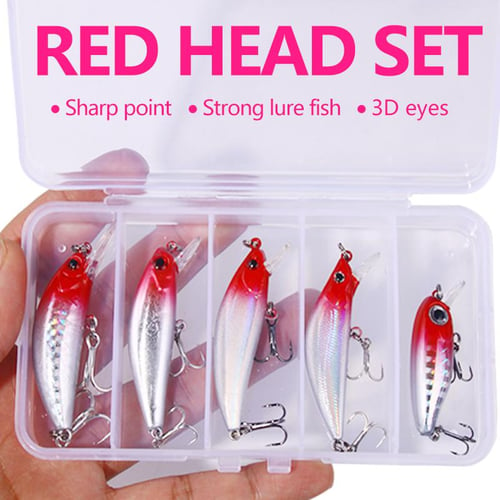 5Pcs/box Red Head Crankbait Minnow Fishing Lure Set Artificial