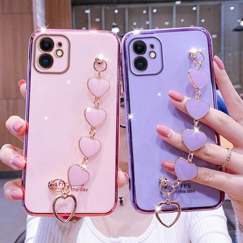 Cheap Luxury Electroplate Plush Love Heart Wrist Bracelet Phone Case For iPhone  14 Pro Max 11 12 13 Pro Max X XS XR 7 8 Plus Soft Back Cover