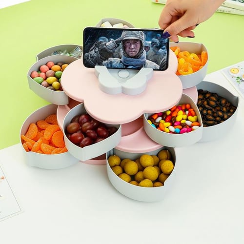 Food Storage Organizer Case Petal-Shape Rotating Two-deck Candy