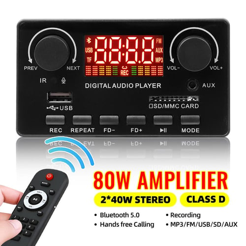 2x40w Amplificateur Bluetooth 5.0 Mp3 Player Wav Decoder Board 12v Car  Radio Module Support Tf Usb Aux