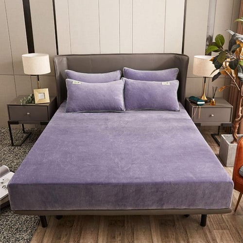 Elastic Fitted Sheet Crystal Velvet Bed Linen Mattress Cover Solid Color  1pcs Winter Warm Soft Full Double No Pillowcase Plush Bed Sheets Bedspread