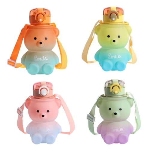 Kawaii Bear Straw Bottle Large capacity bear water bottle with Strap and  Straw Cute Portable Bear shaped water Bottle Adjustable Removable Strap for  outdoor and school activities(blue)