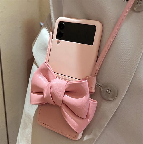 Samsung Z Flip 4 Case with Leather Strap Cute Bear Bow-Knot Galaxy
