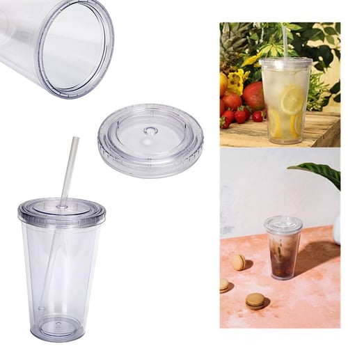 Transparent Straw Double Layer Cup Plastic Reusable Clear Glass Travel  Juice Cup With Lid Straw 1pcs