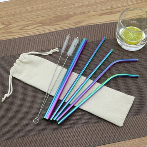 1set Stainless Steel Anti-wrinkle Reusable Drinking Straws, Random Color