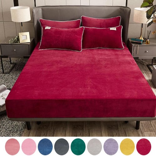 Elastic Fitted Sheet Crystal Velvet Bed Linen Mattress Cover Solid Color  1pcs Winter Warm Soft Full Double No Pillowcase Plush Bed Sheets Bedspread