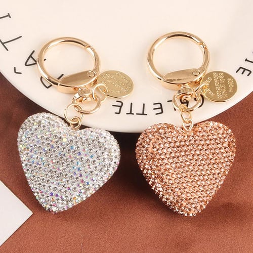 Rhinestone Heart Shape Keychains Glitter Crystal Heart Key Rings Bling  Crystal Key Chain Leather Bag Charm For Women Girls