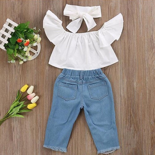 Cute Outfits for Kids Girls Sunflowers Prints Long Sleeves Tops Denim Bell  Bottom Jeans Pants Headband 3Pcs Set 