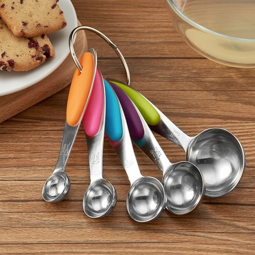 Stainless Steel Measuring Spoons on Ring Silicone Handles Set of 5