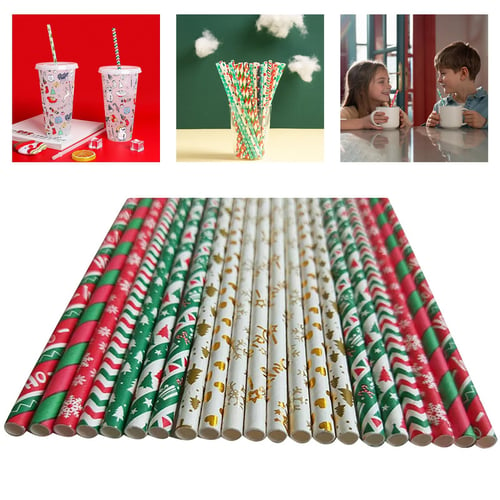 25pcs/set Christmas Paper Straws Santa Claus & Christmas Tree