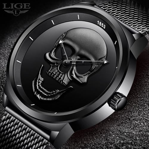 2020 Cool Punk 3D Skull Men Watch Brand LIGE Luxury Steel Quartz Male  Watches Waterproof Retro Fashion Black Clock Relogio