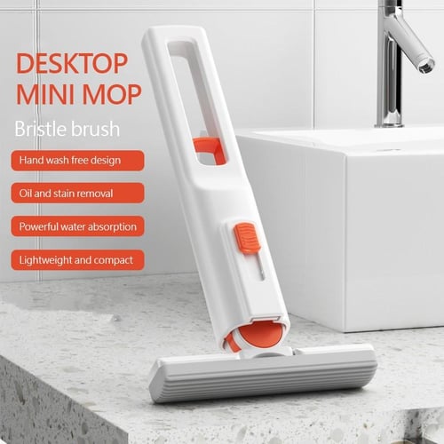  Portable Self-Squeeze Mini Mop, Quickie Sponge Mop, Mini Mop  for Small Spaces Bathroom Kitchens Tableware Desktop Glass (3 Head+1  Squeeze Handle) : Health & Household