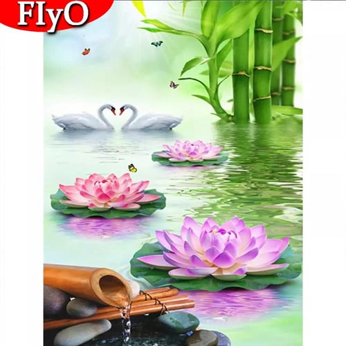 Wall Painting Photo Frame of Swan Bird & Lotus, Handmade with Water Colour