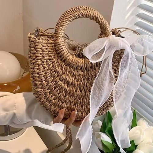 Straw Bag Hand-Woven Handbag Moon Shape Lace Bow Rattan Bag Beach