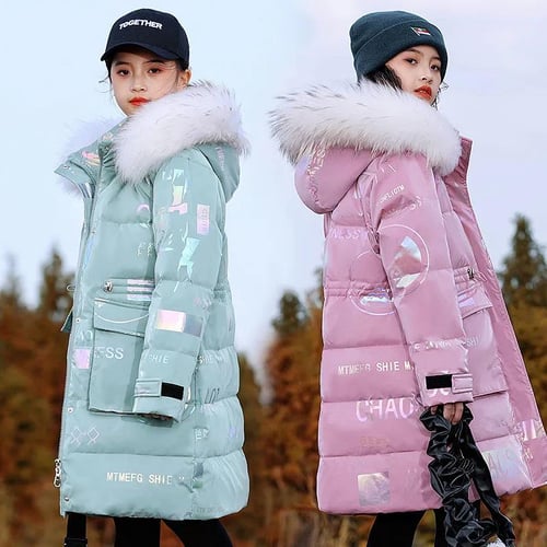 Winter Clothes New Children's Clothing Down Jacket Girls Mid-length  Thickened Large Size Medium And Large Children's Jacket Tide Real Fur  Collar White