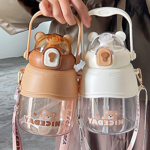 1.5L Bear Straw Water Bottle Summer Outdoor Large Capacity Plastic Straw  Drinking Cup Cute Children Water Cup Kawaii Bear Kettle