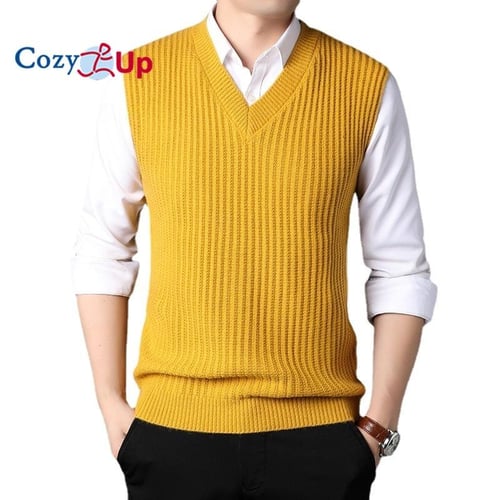 Men's Cable Knit Wool Blended Sweater Vest V Neck Relaxed Fit