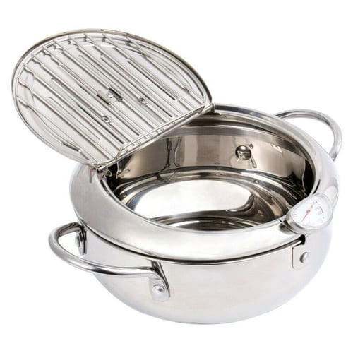 Deep Fryer Pot Stainless Steel Japanese Style Fryer with A Thermometer and Oil Drip Drainer Rack for French Fries Shrimp Chicken Fish, Size: 20.5