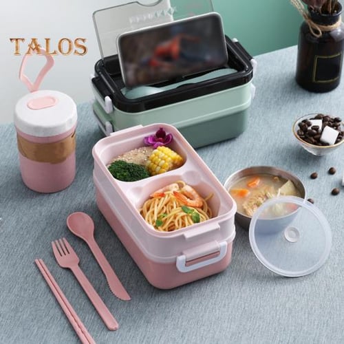 Cheap Bento Lunch Box 2-Compartment Double Layer with Sauce Container  Reusable Spork Leak-proof Beto Box Home Supply