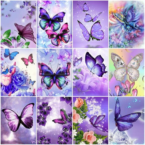 Cheap 5D Diy Diamond Painting Purple Butterfly and Flowers Cross Stitch Set  Full Diamond Embroidery Mosaic Art Picture of Rhinestones Decor Gift