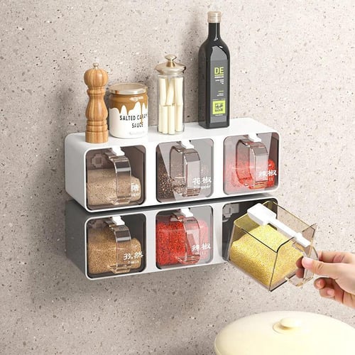 Wall Mounted Plastic Spice Jars Set with Spoon Kitchen Salt and