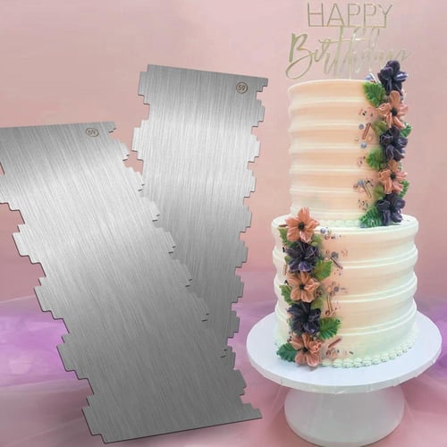 FORETED 2 Pieces 8.6 Inch Stainless Steel Cake Scraper Cake Comb Metal Cake  Scraper Large Double Sided Patterned Edge Stripe Edge Smoother Scraper