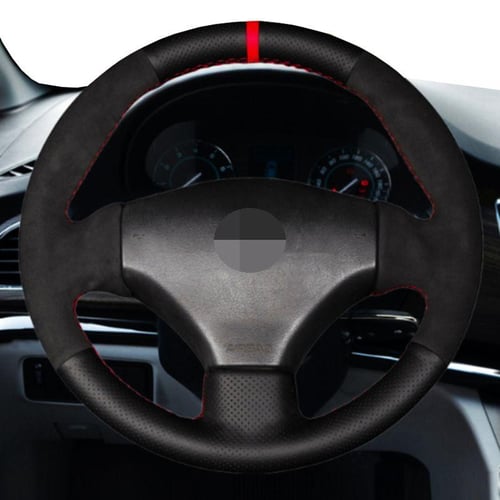 Genuine Leather Black Suede Car Steering Wheel Cover For Peugeot