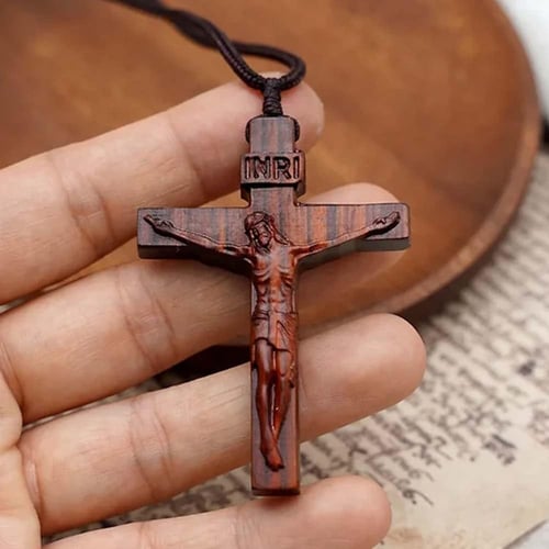 Catholic wooden cross necklace on sale