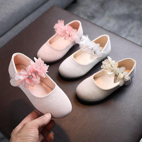 Kids Leather Girls Shoes Shining Flowers Princess Shoes For Baby