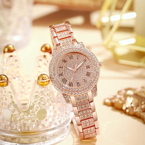Luxury Women Diamond Watches Hip Hop Bracelet Ladies Quartz Watch Rose Gold Shiny Crystal Womens Wristwatch buy Luxury Women Diamond Watches Hip Hop