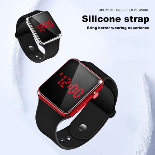 New square mirror face silicone band digital watch red led watches metal frame wristwatch sport clock hot sale