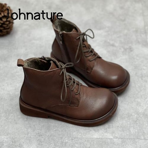 Johnature Genuine Leather Winter Boots Women Shoes Zip Round Toe