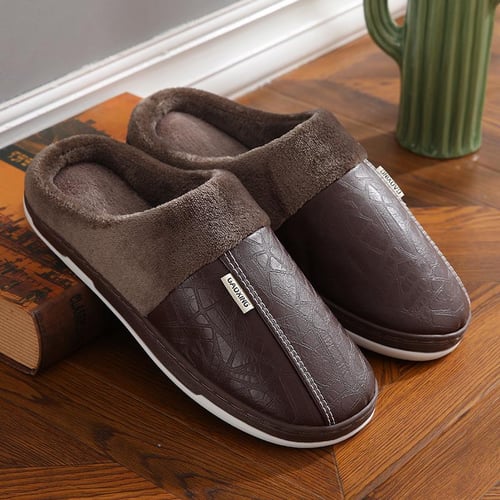 New Men Women Waterproof PU Leather Winter Warm Plush Home Shoes