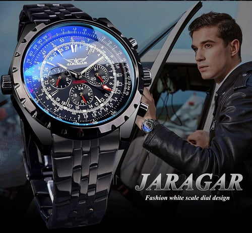 Jaragar Blue Glass Design Automatic Watch Stainless Steel Date