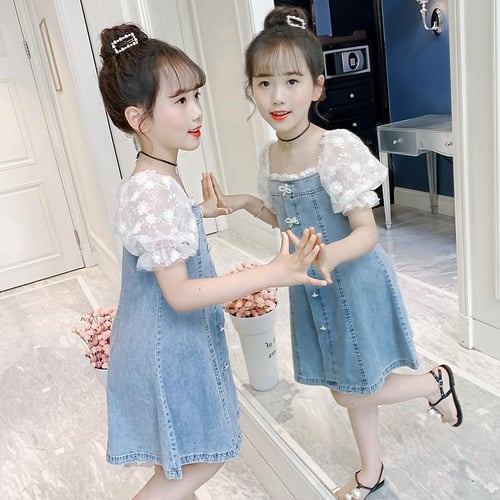 Dress for Girls Denim Korean Princess Dress Lace Puff Sleeves
