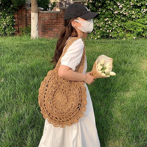 Straw Knitting Beach Bag for Women Handmade Bohemia Style Shoulder