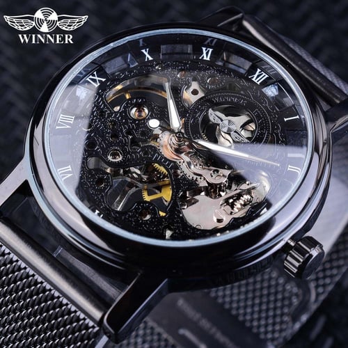 Winner Thin Case Full Golden Design Retro Openwork Clock Mesh Band