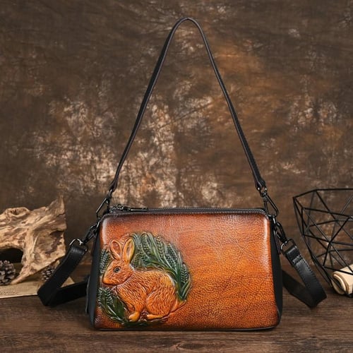 Johnature Rabbit Embossed Shoulder Bags Genuine Leather Retro