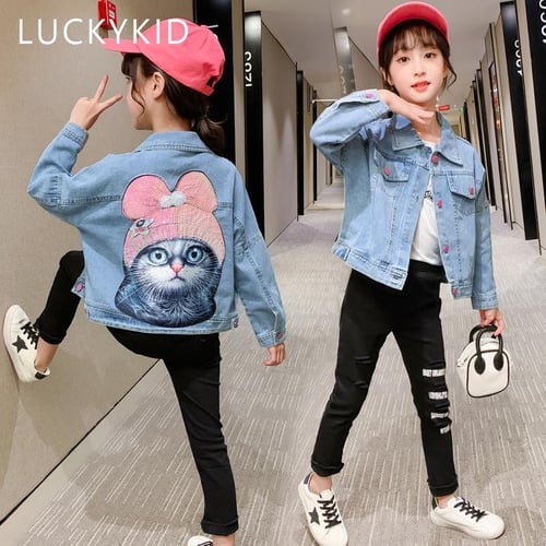 Girls Spring Autumn Cute Sequined Cat Denim Jacket Big Kids Lapel