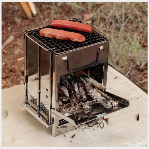 Square Wood Burning Camping Stove Outdoor Survival BBQ Mini Grill BBQ