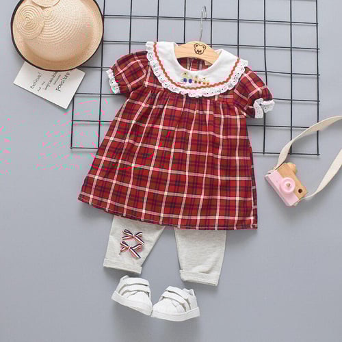 Baby Girl Cute Plaid Print Casual Short Sleeve Dress with Lace