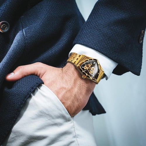 WINNER Triangle Skeleton Gold Black Watch for Men Automatic