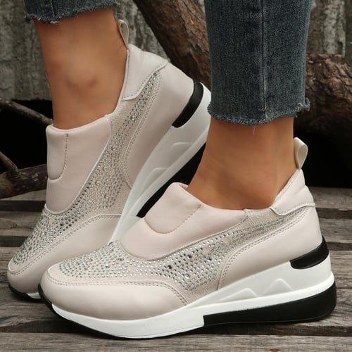 Womens Fashion Platform Shoes With Rhinestones Hidden Wedge Heel